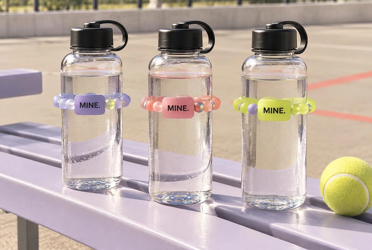 Render of three bottles with distinct MINE. logo tiles and curated color bands on a court bench