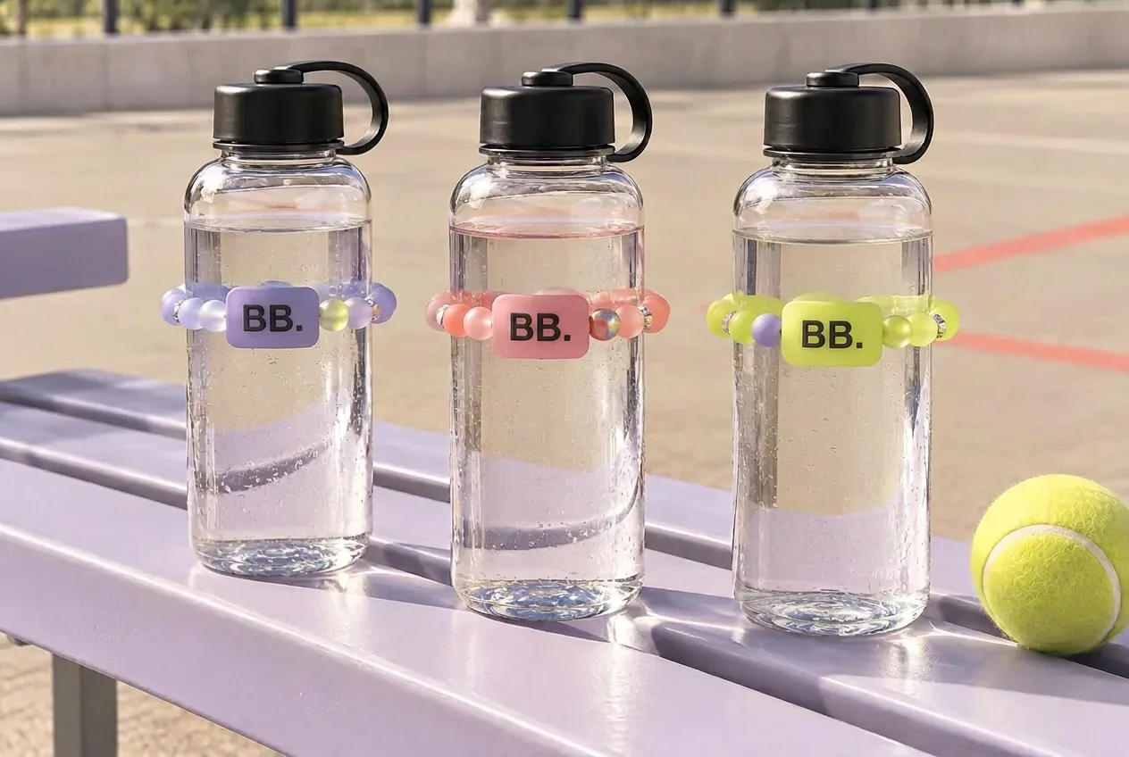 Render of three bottles with distinct Bottle Bracelets logo tiles and curated color bands on a court bench
