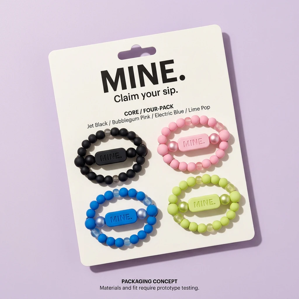 Four-pack backing card design with MINE. wordmark and four distinct black, pink, blue and lime signature-tile bands