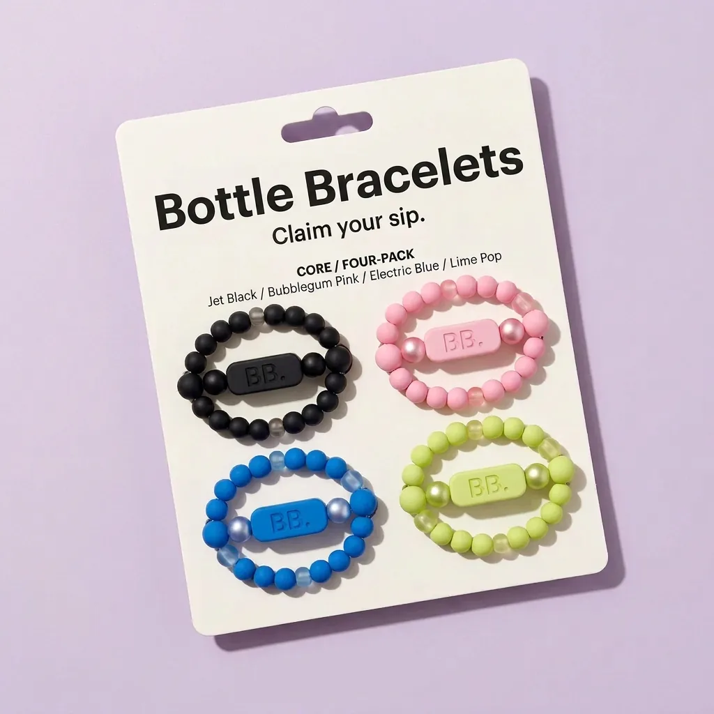 Four-pack backing card design with Bottle Bracelets wordmark and four distinct black, pink, blue and lime signature-tile bands