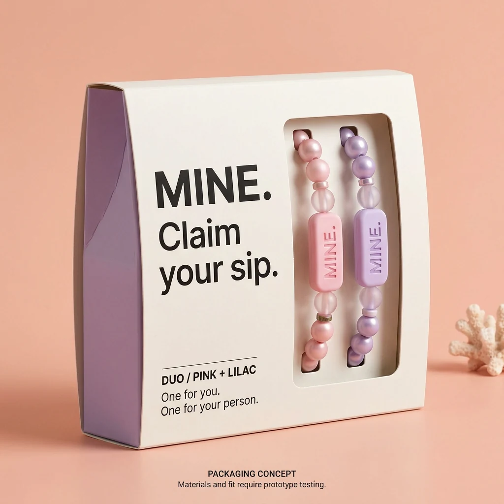 Pink and lilac Duo gift sleeve design with MINE. wordmark and a window showing two band designs