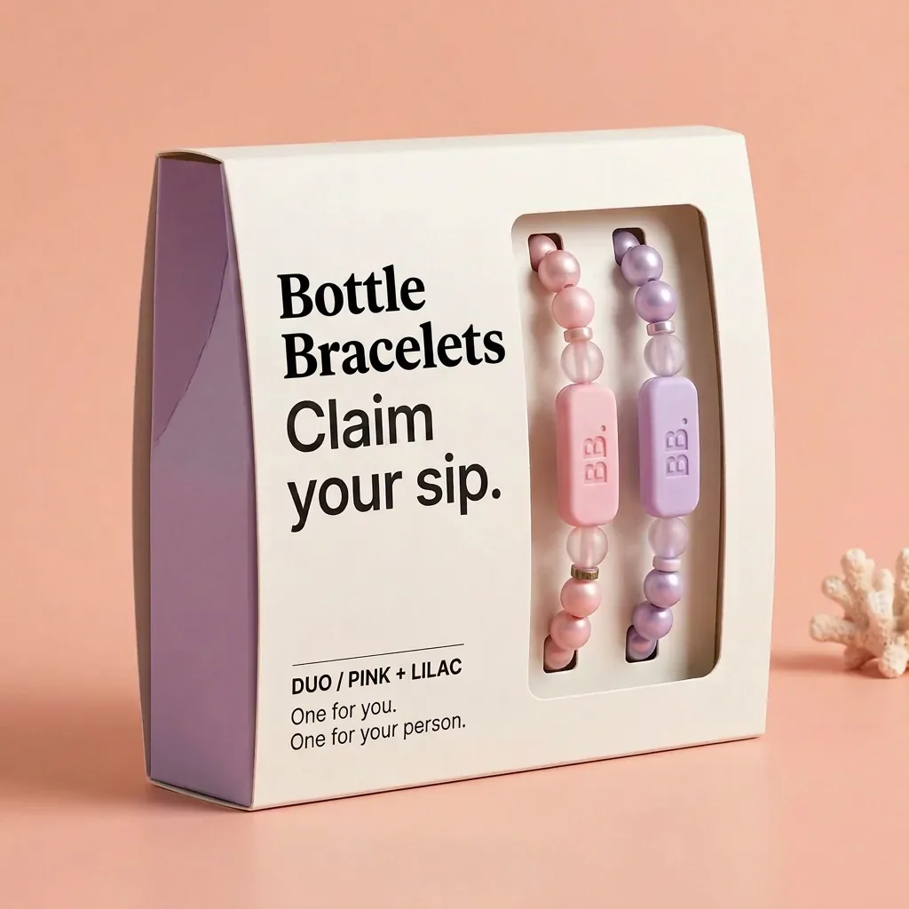 Pink and lilac Duo gift sleeve design with Bottle Bracelets wordmark and a window showing two band designs