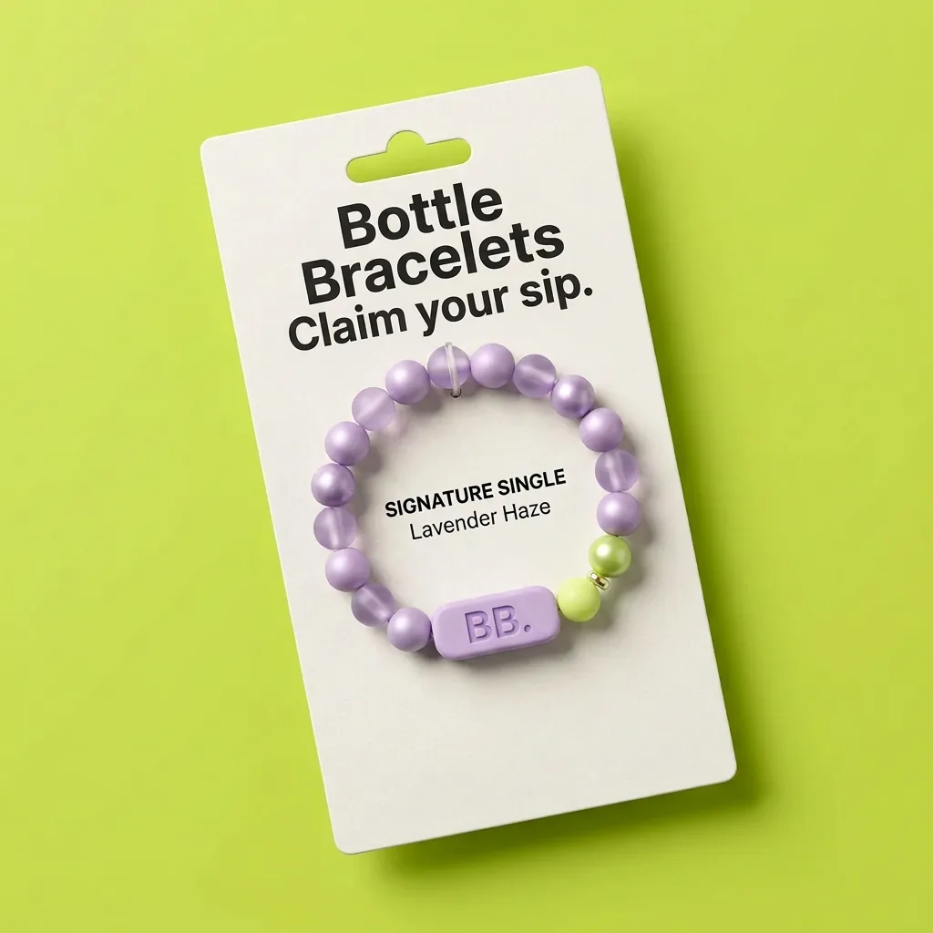 Lavender Haze single hang card design with Bottle Bracelets wordmark, Claim your sip. and one lilac signature-tile band