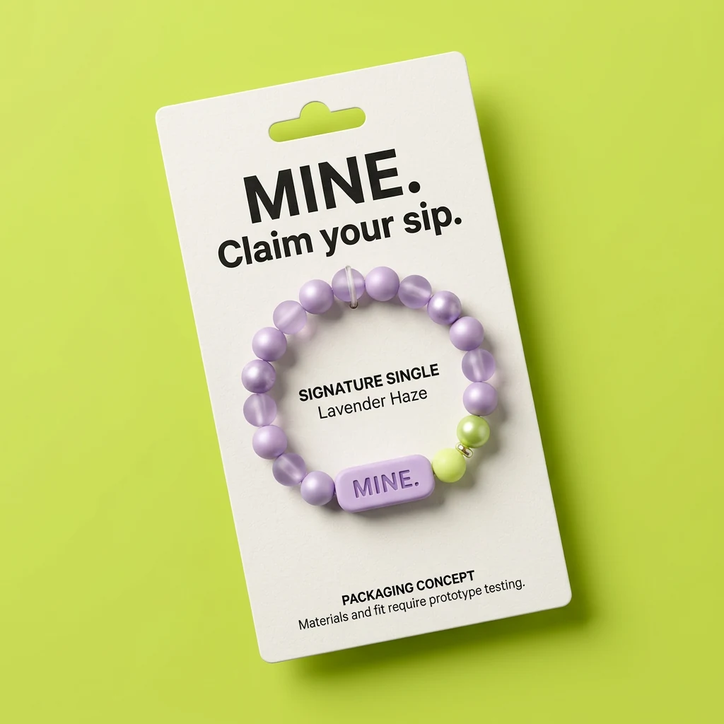 Lavender Haze single hang card design with MINE. wordmark, Claim your sip. and one lilac signature-tile band