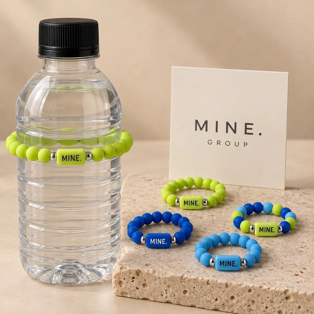 Same crew. Different sip. — Lime / Electric blue group study; final lineup TBD; MINE. bottle band design visualization