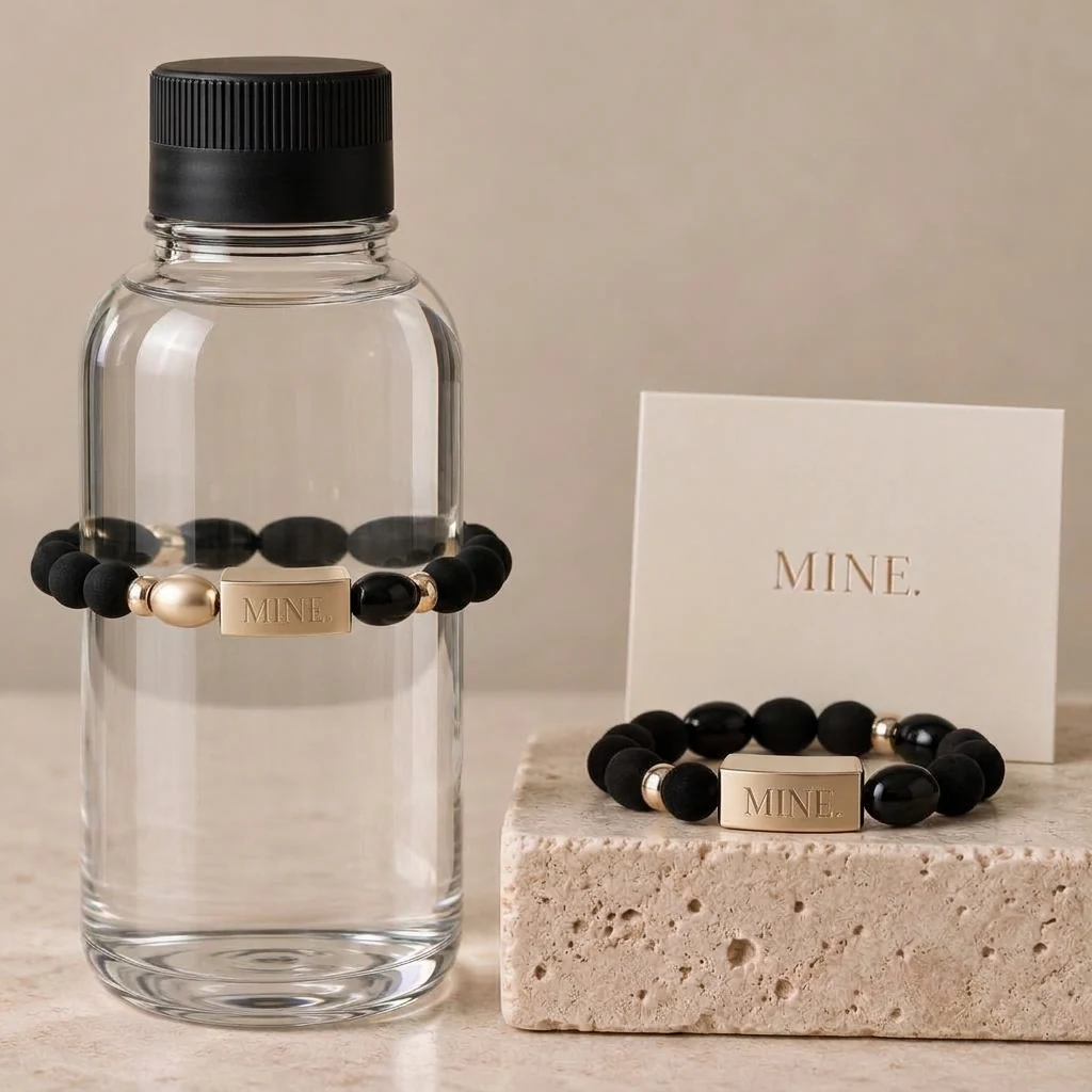Velvet Rope — Black / Champagne metal-look; MINE. bottle band design visualization
